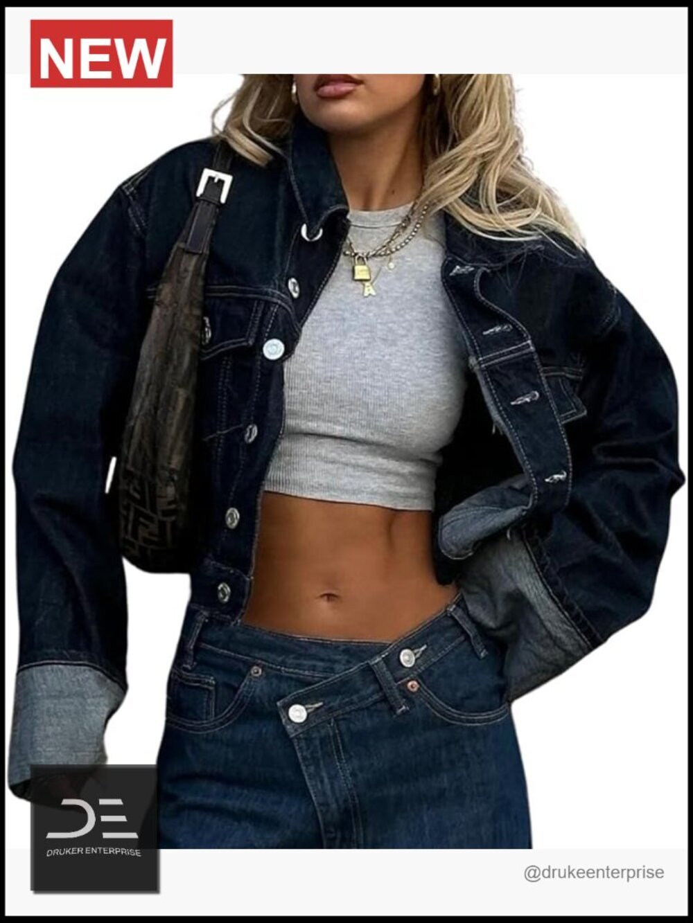 Cropped Denim Jacket Button Up Long Sleeve Turn-Up Cuff Jean Jacket